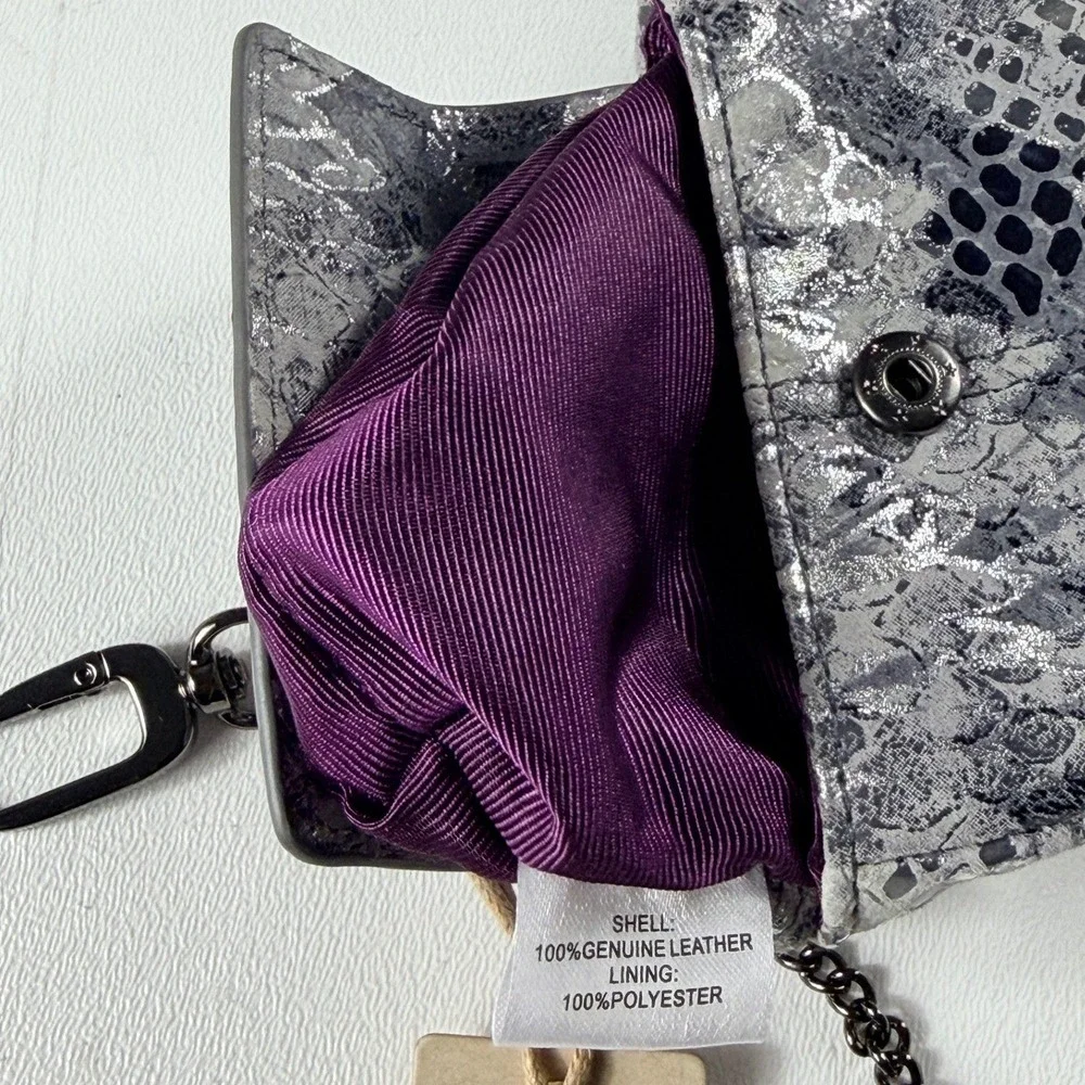 Hobo Silver Snakeskin Leather Mini Bag Charm‎ Pouch O-Ring Handle New